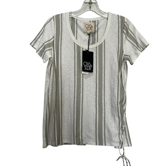 Chaser Small Linen Blend Gray White Stripe Short Sleeve Shirt NWT P1 - Picture 2 of 6